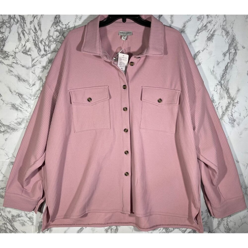 Sabrina Lauren  X Large Pink Waffle Knit Button-Up Shirt w/ Pockets Style WF2136